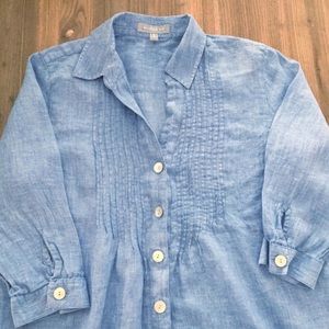 Foxcroft Linen Pintuck Chambray Blue Top Shirt 12